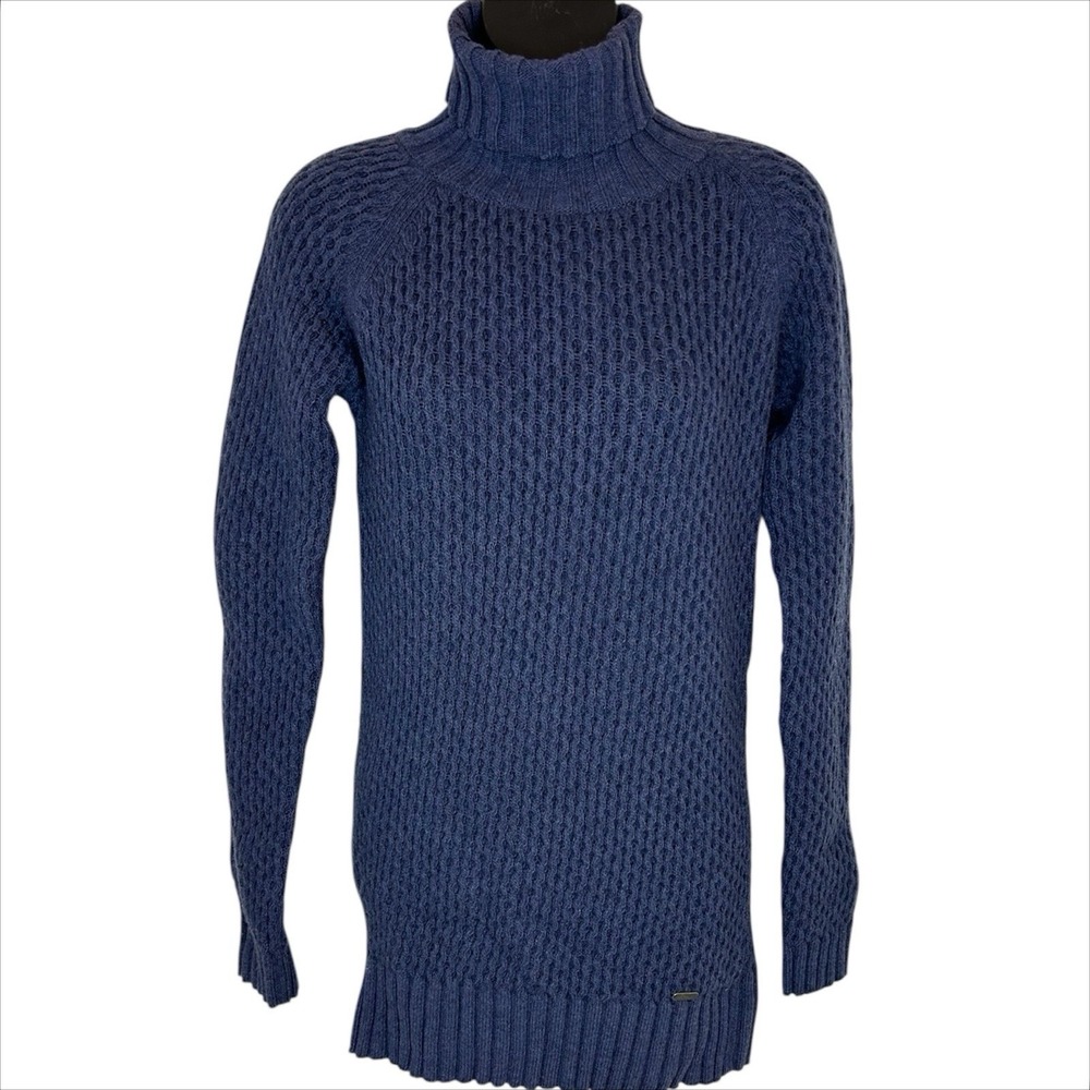 Barbour Wool Turtleneck Sweater UK 8 US 4 / S Blue Honeycomb Stitch Long Jumper